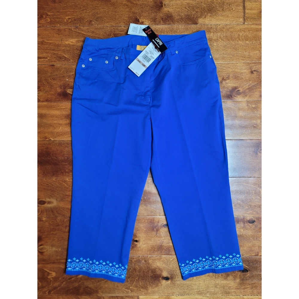 Ruby Road Capri Crop Pants Women 12P Petite Blue Embellished Stretch NWT New